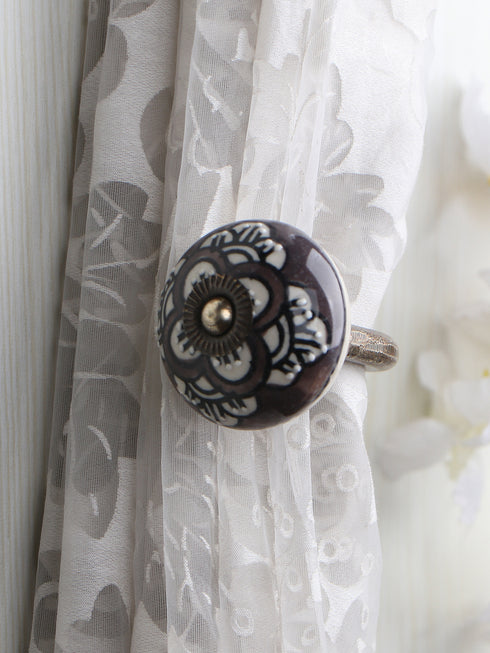DARK BROWN FLOWER DESIGN CURTAIN TIE BACKS HOOK - (SET OF TWO PIECES)